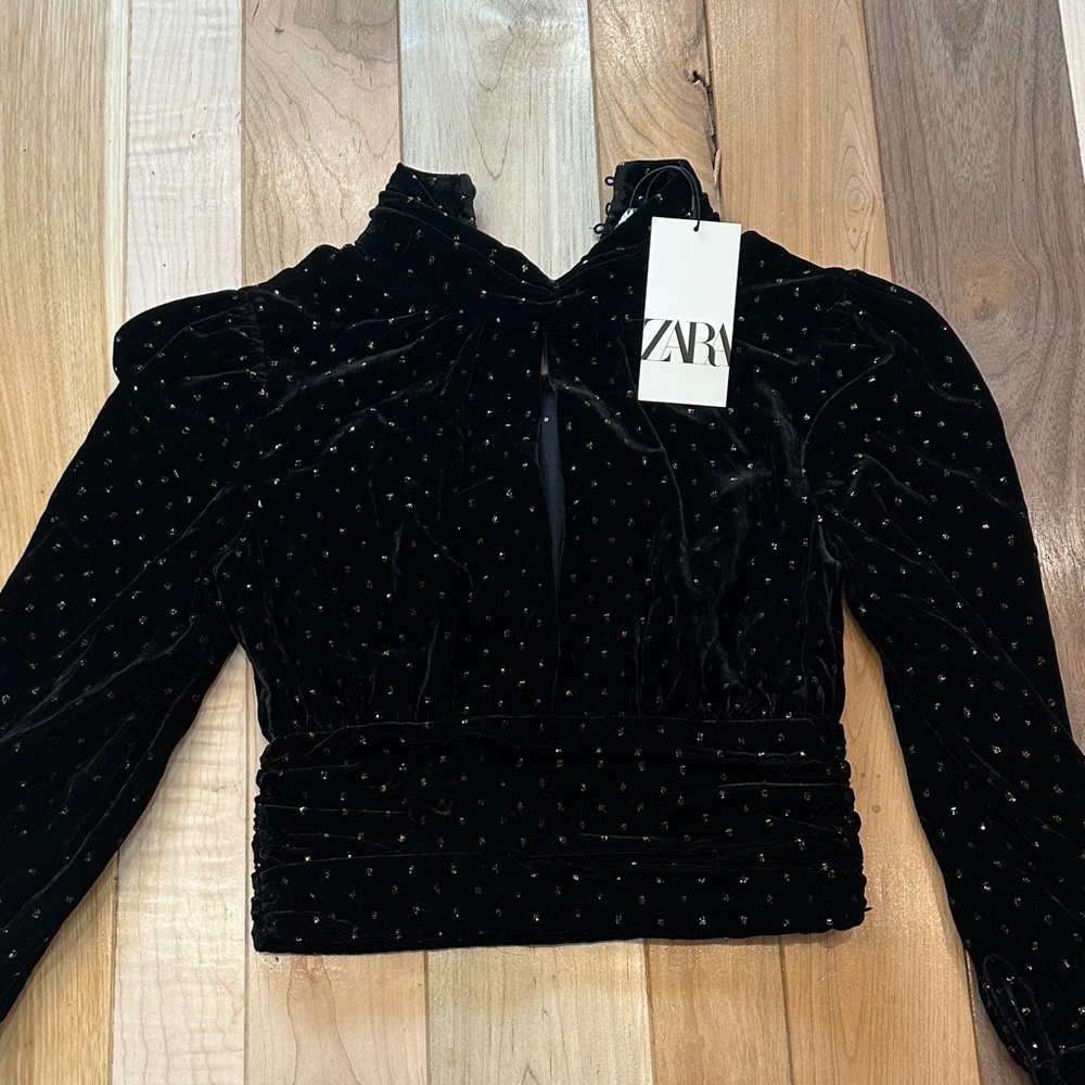 Zara Black Velvet Puff-Sleeve Top with Gold Dot Detail